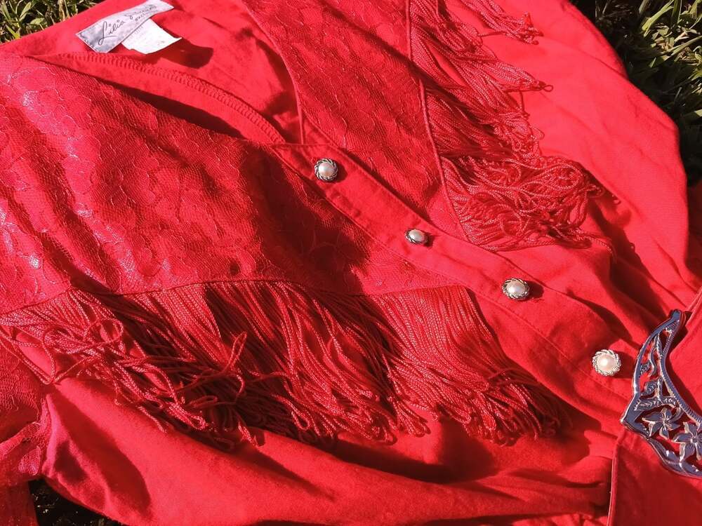 LILIA SMITY Vintage Western Dress Cowgirl Maxi Red Fringed Stud Buttons 9/10 - Picture 6 of 11